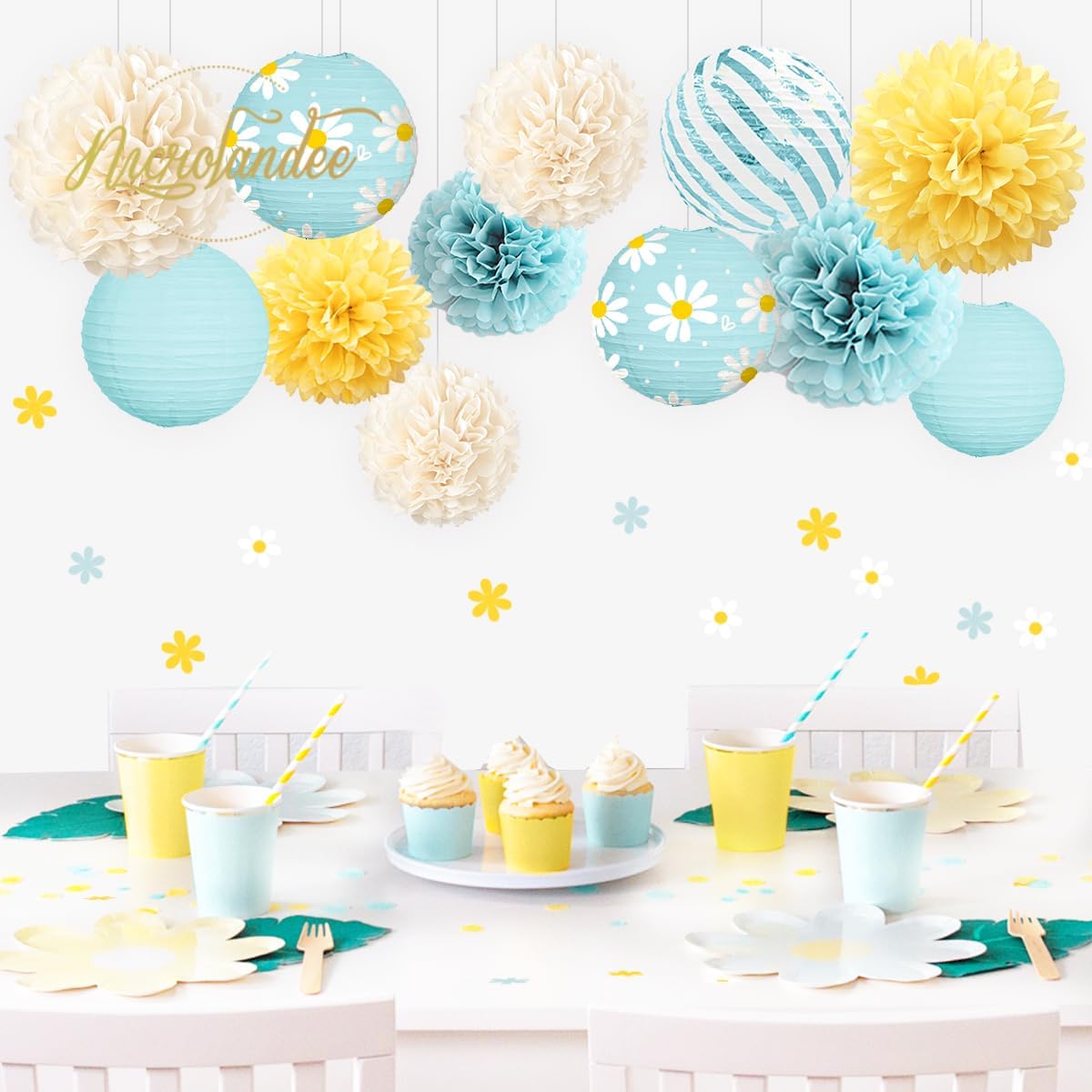 NICROLANDEE Daisy Birthday Party Decorations, 12 PCS Pastel Yellow Blue Paper Lanterns Tissue Pom Poms Decor for Mother's Day, Daisy Theme Party, Garden Wedding Decorations