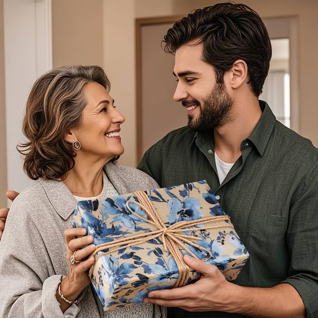 RUSPEPA Blue Floral Wrapping Paper Roll, 17 in x 16.4 ft, Mini Roll, Indigo Gift Wrap, Watercolor Flower Kraft Wrapping Paper Roll for Girls, Women, Spring, Wedding and Birthday