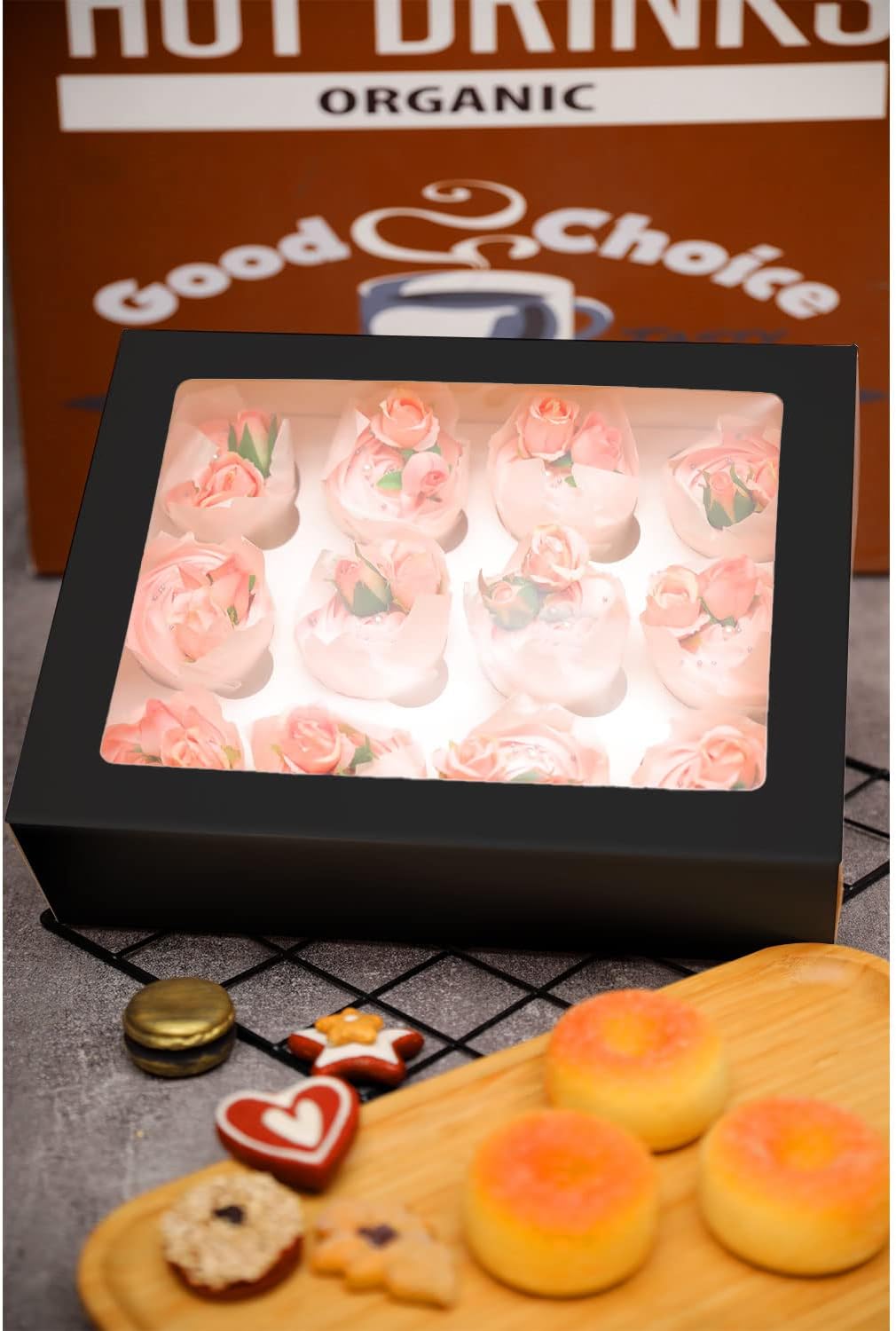 12 Cupcake Containers 10-Packs Black Cupcake Box Cupcakes Carrier, 12 Cupcake Boxes with Window 13"x10"x3.5"(Auto-pop up)