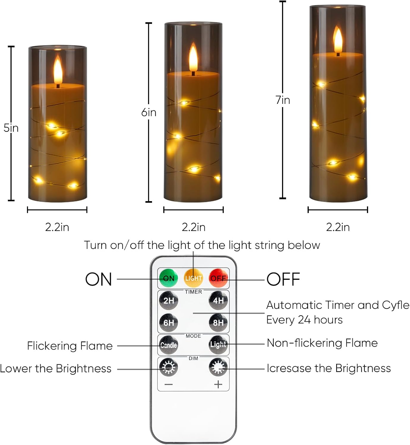 Homemory Flameless Candles with Embedded Star String Fairy Lights, Acrylic Battery Operated Candles with Remote Control and Timer, Flickering LED Candle for Halloween, Grey, Set of 9, D2.2”xH5”6”7”