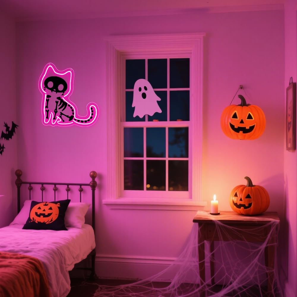 Cat Neon Sign,Pink Dimmable LED Light Signs for Wall Art Decor,Halloween Backdrop for Bedroom Club Party,Animal Gift for Boys Girls Teen USB Powered(11.8"*11.6")
