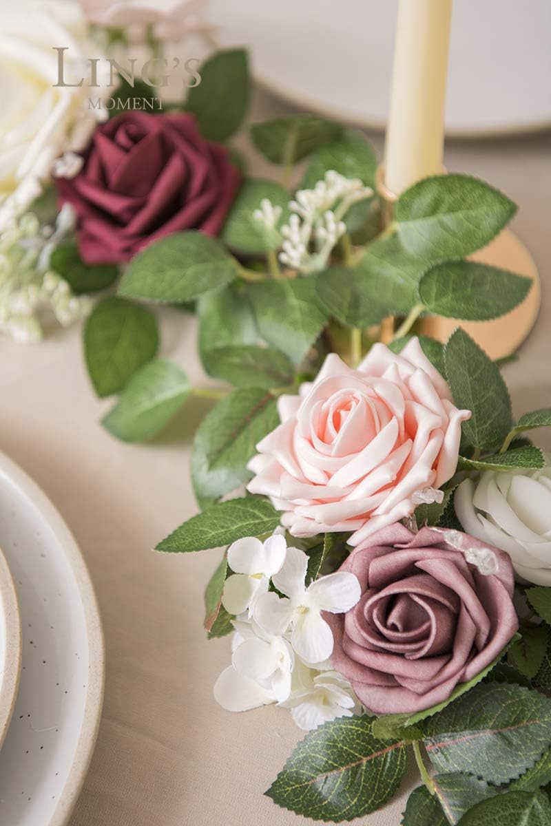 Ling's moment 5FT Dusty Rose Artificial Flower Garland Blush Rose Leaves Floral Garland Arch Flowers Vine for Wedding Party Backdrop Decor Mantel Home Table Centerpieces Wall Decorations Cream