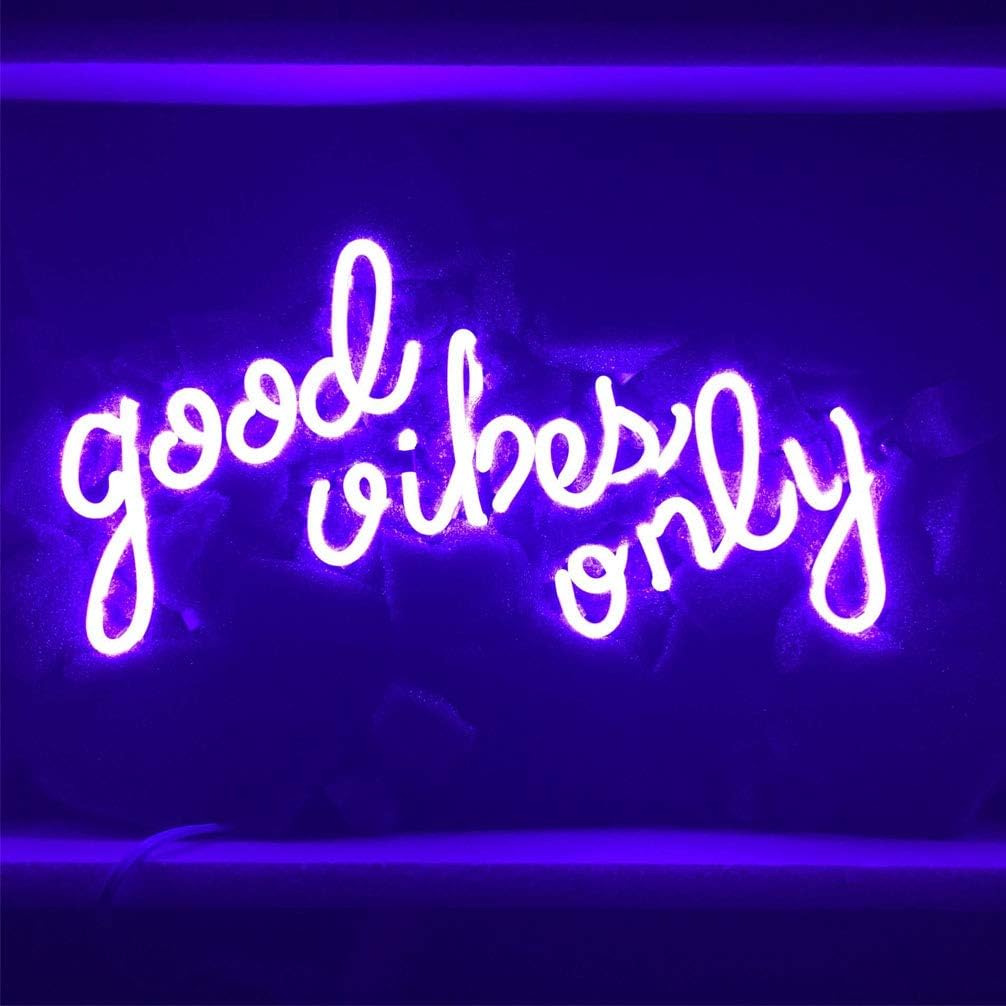 LiQi ™ GOOD VIBES ONLY Purple Neon Sign (13" x7.5" Large)Real Glass Acrylic Panel Handmade for Home Bedroom Pub Hotel Beach Recreational Game Room Decor