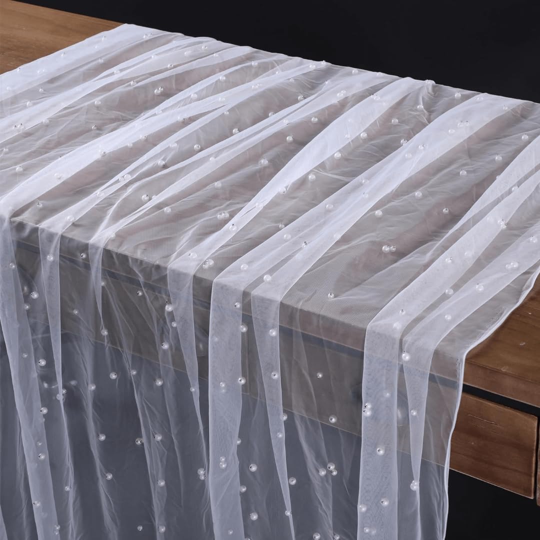 EHLDekol Pearl Table Cloth Elegant Polyester Table Runner with Artificial Pearl Accents Extra Long 10 ft 60 x 120 Inches Pearl Tulle Table Runner for Wedding (60inch Width, White, 1 Piece)