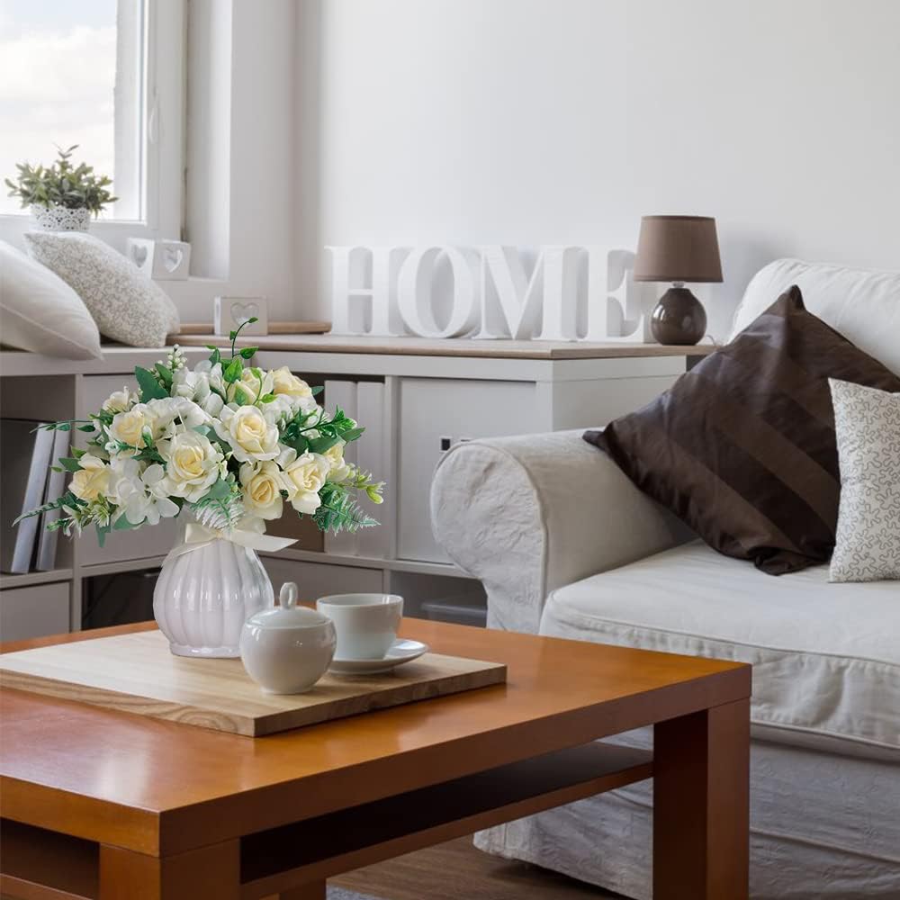 LESING Artificial Rose Silk Hydrangea Flowers Bouquets with Vase Rustic Fake Flowers for Home Decoration Table Centerpiece (White)