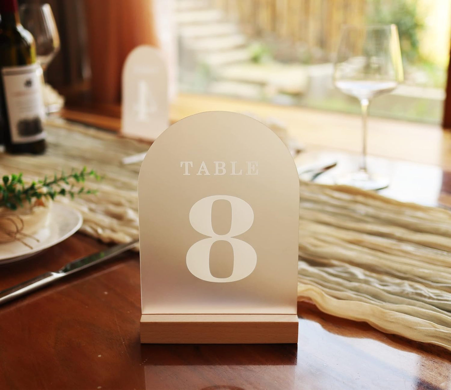 Wedding Table Numbers 16-20, Acrylic Arch Signs with Natural Wood Stands Holders, Rustic Table Decor for Reception & Parties (Frosted White)