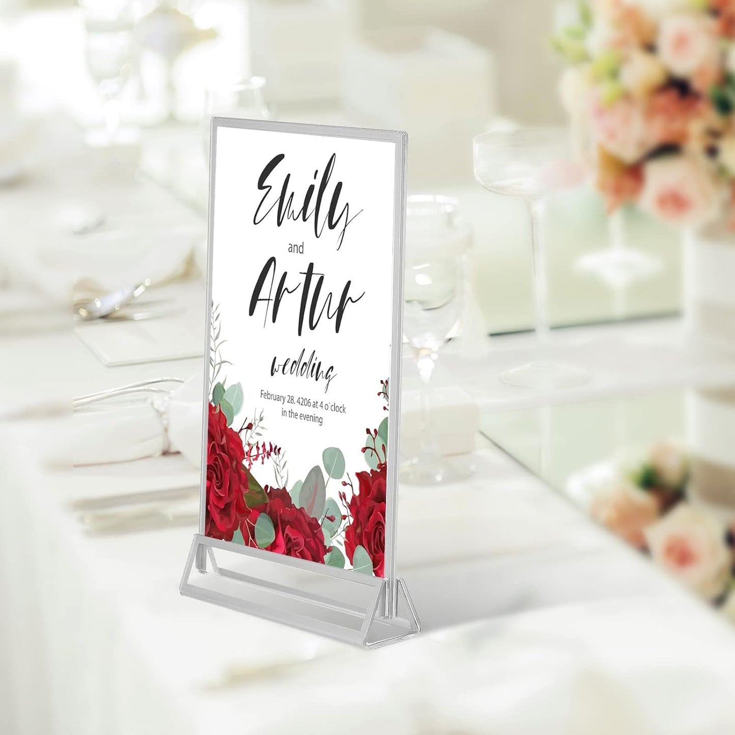 Blulu 12 Pack Acrylic Sign Holder Double Sided Picture Frame Wedding Table Number Stands with Border and Vertical Clear Display Menu Holders for Wedding Party Restaurant(5 x 7 Inch,Silver)