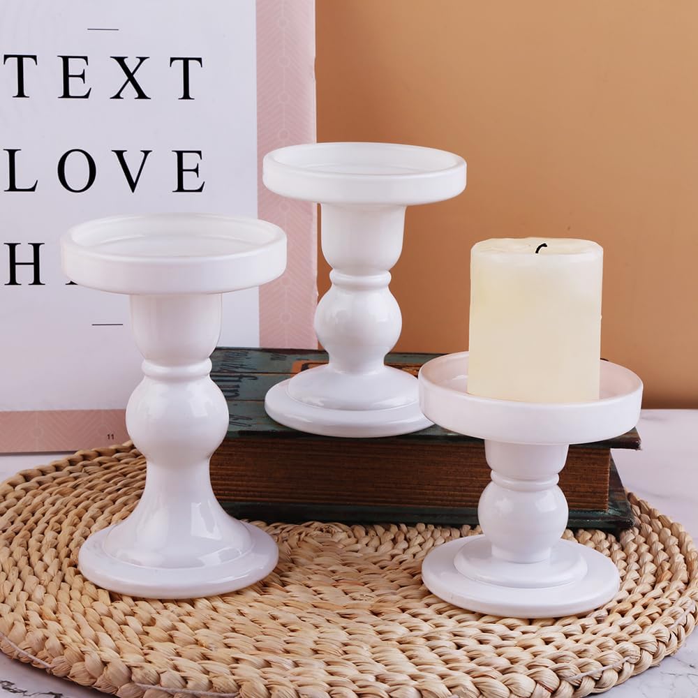 6-Piece Set of White Glass Candlestick, Crystal Candlestick Holder Holder and Conical Candle, Christmas Candle Holder Decoration, Family Living Room Wedding Candle Holder (white2sets)