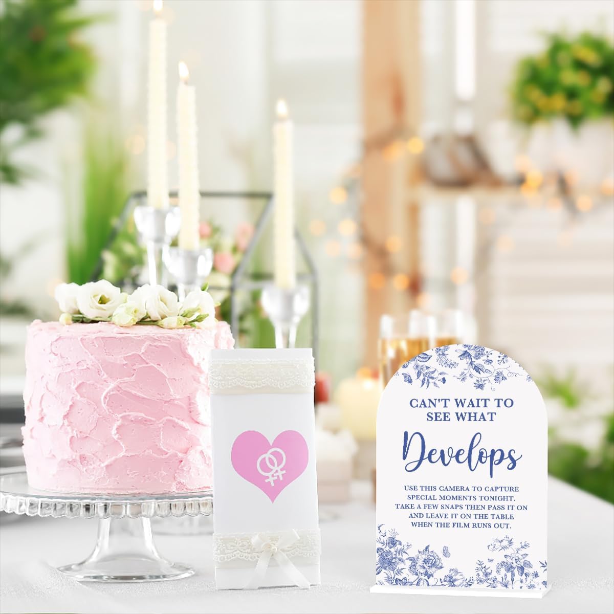 Acrylic Wedding Signs, Dusty Blue Wedding Decor, Blue Weddings Decor, Modern Calligraphy Arch Acrylic Table Top Sign for Weddings Parties Dinners - Can't Wait to See What Develops (White)