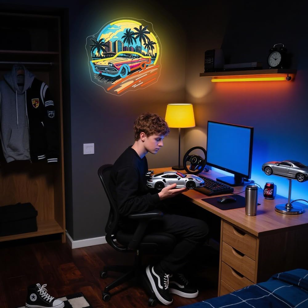 Sports Car Neon Signs for Wall Decor,Racing Car LED Signs for Bedroom,Cool UV Print Hawaiian Style Neon Sign for Boys And Girls Room,Sunset Lamp Man Cave Garage Gaming Lights Game Room Decor