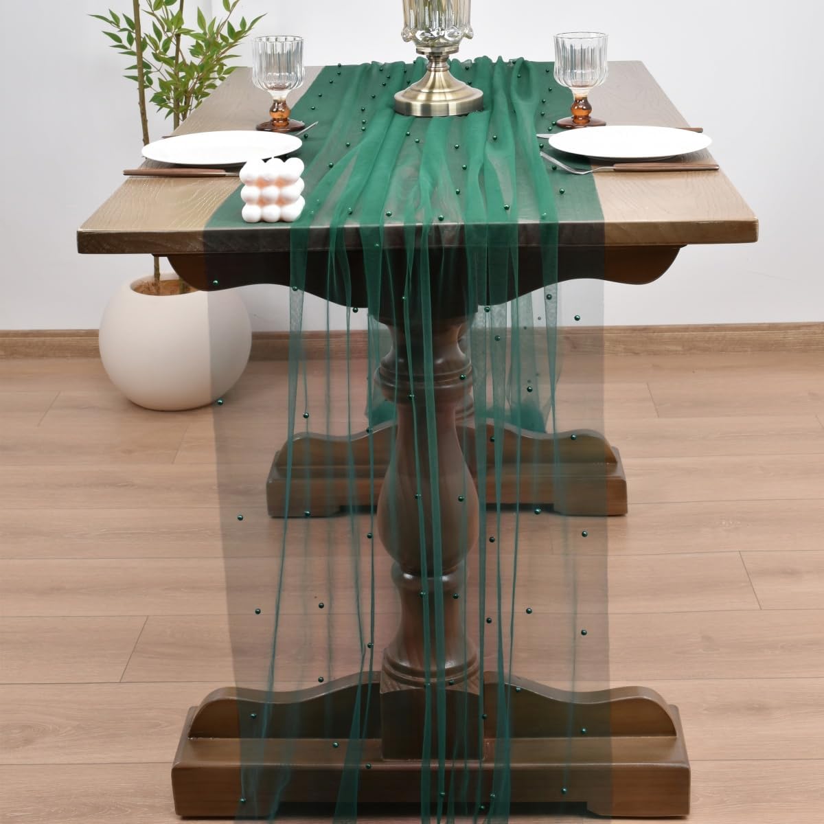 Joanlody Fall Pearl Table Runner 10ft Rustic Boho Tulle Table Runner with Pearls for Baby Shower Wedding Party Veil Dessert Thanksgiving Table Decor Emerald Green