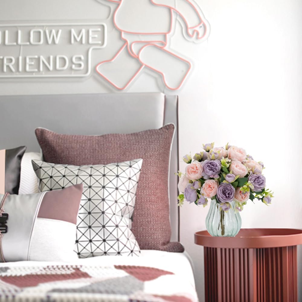 Artificial Peonies Silk Flowers in Glass Vase Faux Flowers Bouquets Modern Penoy Arrangement 4 Pack for Home Decoration Table Centerpiece (Pink Purple)