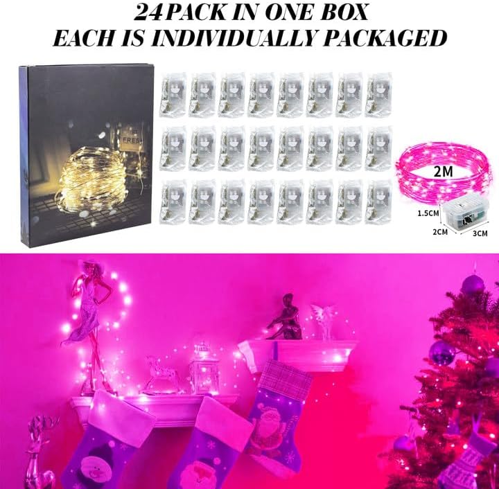 ZGWJ 24 Pack Fairy Lights Battery Operated, 7ft 20 Mini LED Fairy String Lights Silver Wire 3 Modes for DIY, Parties, Wedding, Bedroom, Halloween Christmas Decoration Pink