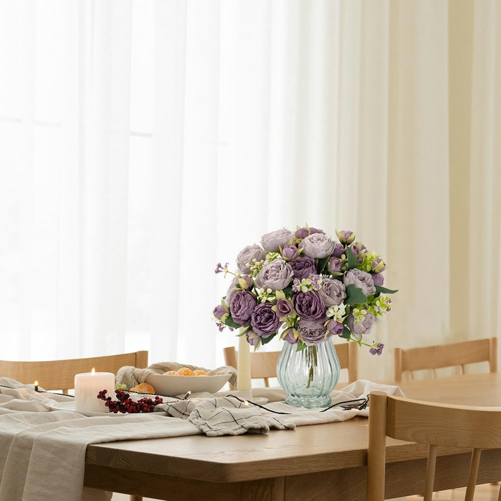 Artificial Peonies Silk Flowers in Glass Vase Faux Flowers Bouquets Modern Penoy Arrangement 4 Pack for Home Decoration Table Centerpiece (Purple)