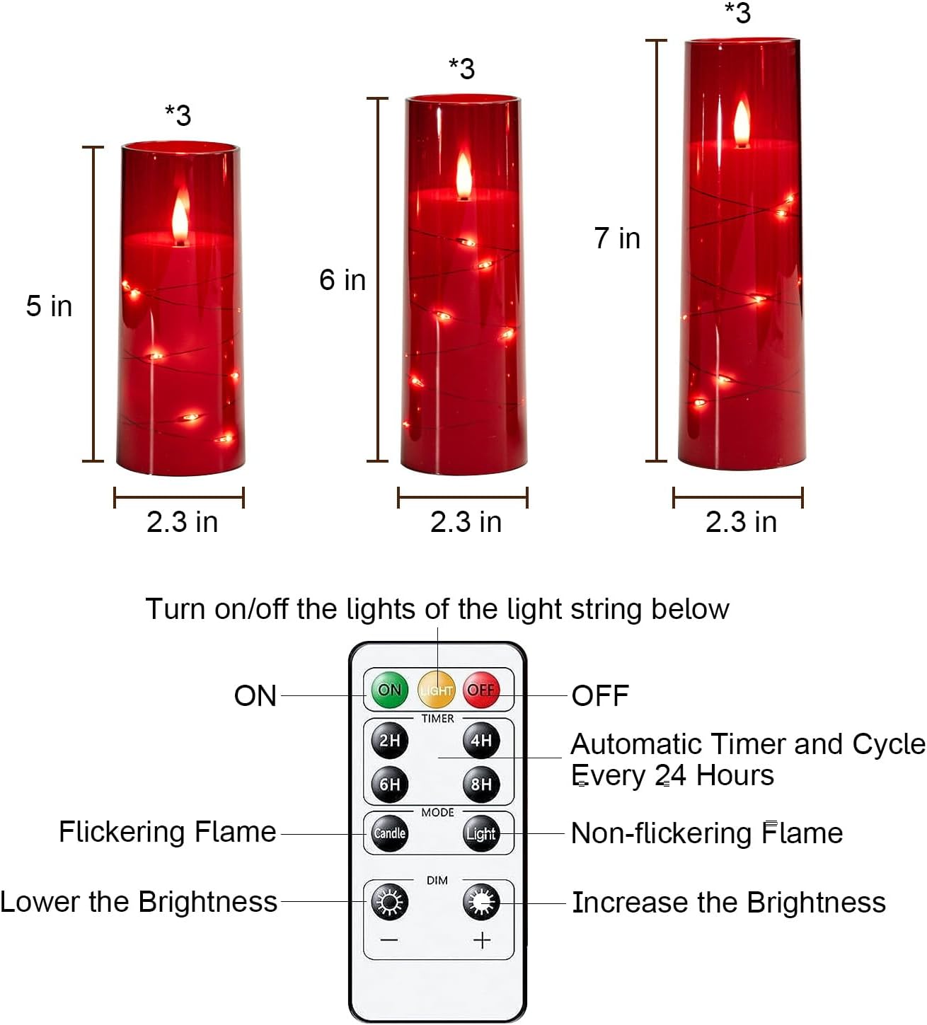 Raycare Flameless Candle with Remote Timer – 9 Flickering Acrylic Battery Operated LED Pillar Candles with Embedded Star String for Halloween, Home Decor, and as a Gift (Red)