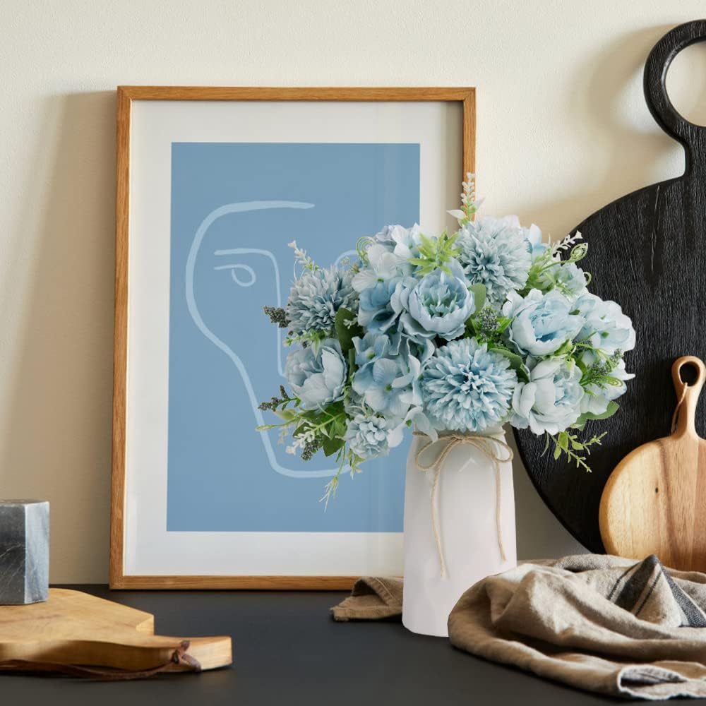 LESING Artificial Peony with Vase Silk Flowers Bouquets Fake Hydrangea Bulks for Home Table Centerpieces Wedding Decoration(Blue-1)