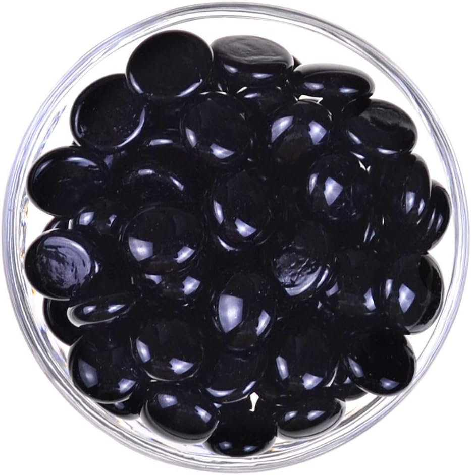 KINGOU Flat Glass Gems/Marbles/Stones/Beads for Vase Filler, Table Scatter, Games - 1 Lbs (17-19mm, Approx. 3/4") - Black