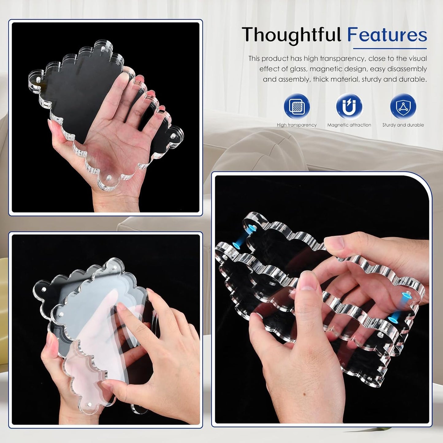 Scalloped Magnetic Picture Frame 4x6 Inch - 2Pack Clear Acrylic Photo Frame, 20mm Thick Double-Sided Magnet Design, Trendy Desktop Display for Home/Office Decor (2 Pack, 4X6)