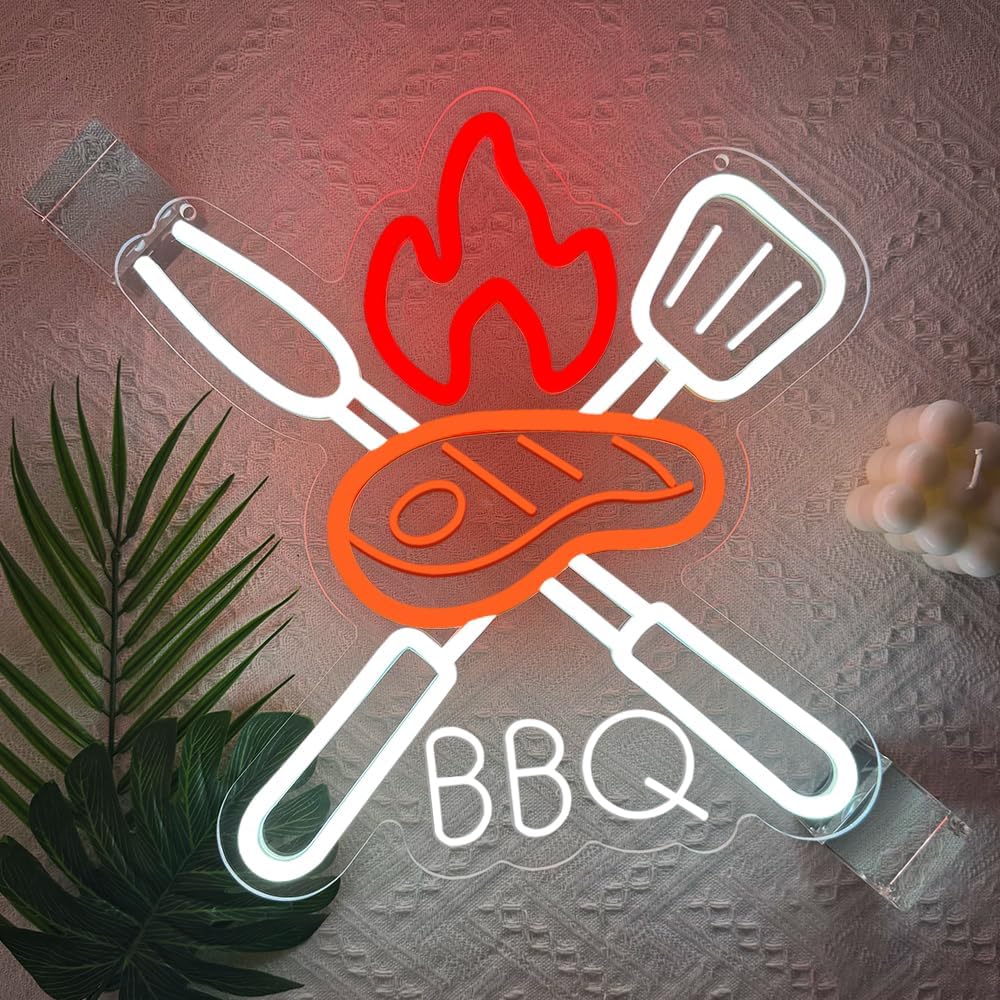 BBQ Neon Signs for Wall Decor,Adjustable Brightness Grill LED Sign for BBQ Party Decorations,Neon Lights Sign for Barbecue Restaurant,BBQ Signs for Outside,Home, Bar, Party,Christmas Gift