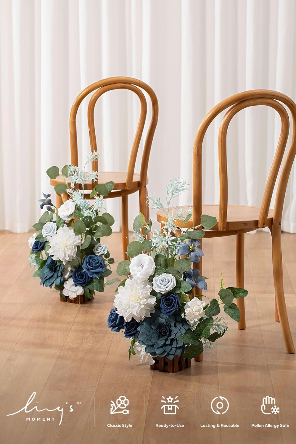 Ling's Moment 17.5" Tall Standing Artificial Flowers Arrangements 4 pcs Wedding Aisle Runner Chair Decorations Dusty Blue Navy Centerpieces for Ceremony Reception Rose Floral Party Outdoor