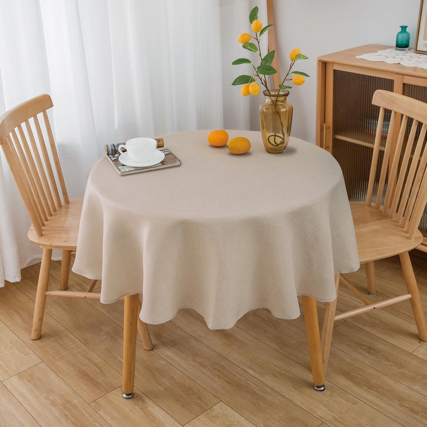 NLMUVW Round Linen Tablecloth 48 Inch - Textured Table Cloth Water Resistant Farmhouse Burlap Rustic Table Cover for Kitchen Dining Café,Champagne