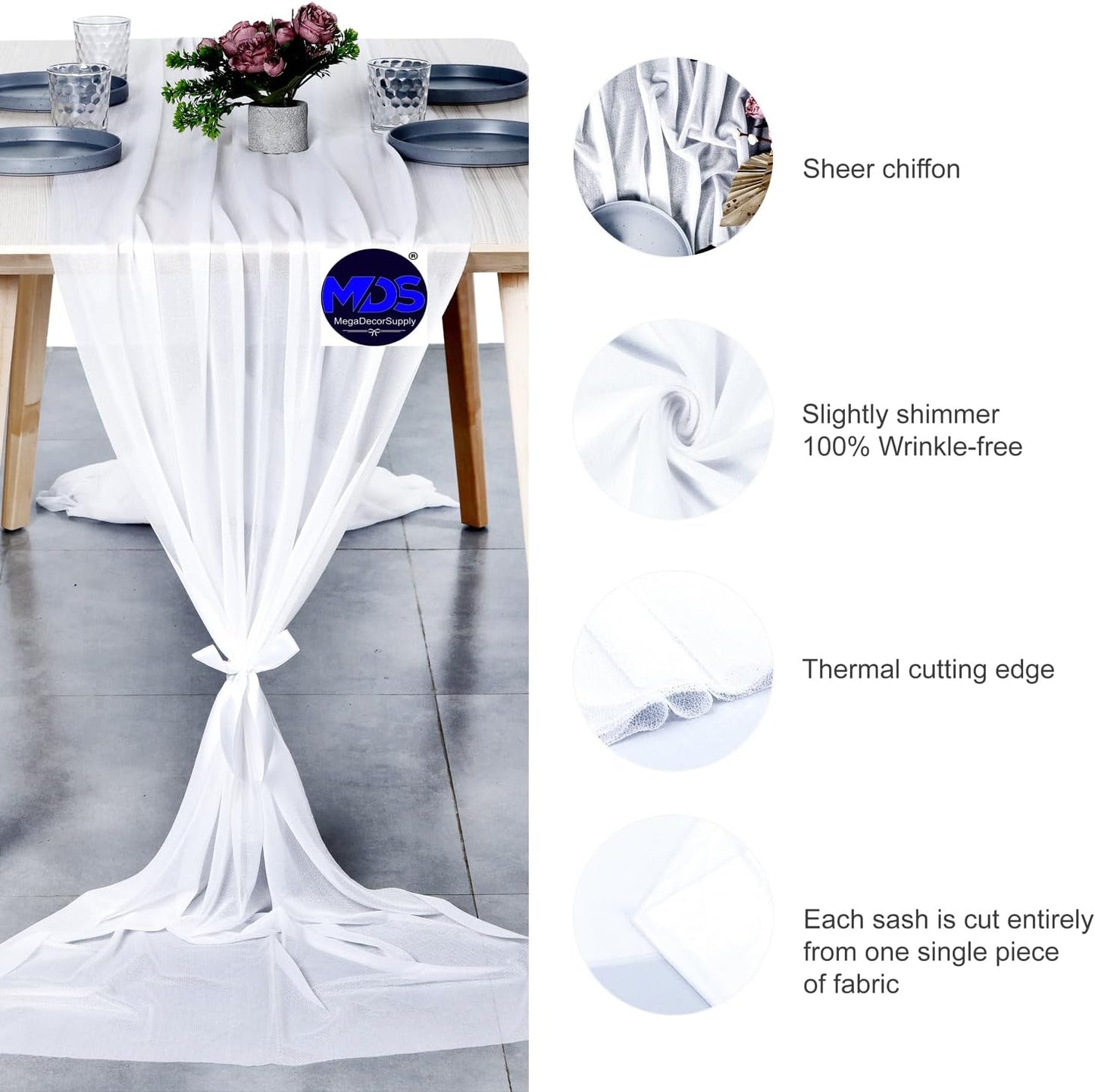 MDS Halloween Chiffon Table Runner - 15 Pack, 29 x 170 Inches, 14ft Each - Sheer Spooky Table Runners for Haunted House Parties, Trick-or-Treat Tables, Witchy Décor, Wedding & Events - White