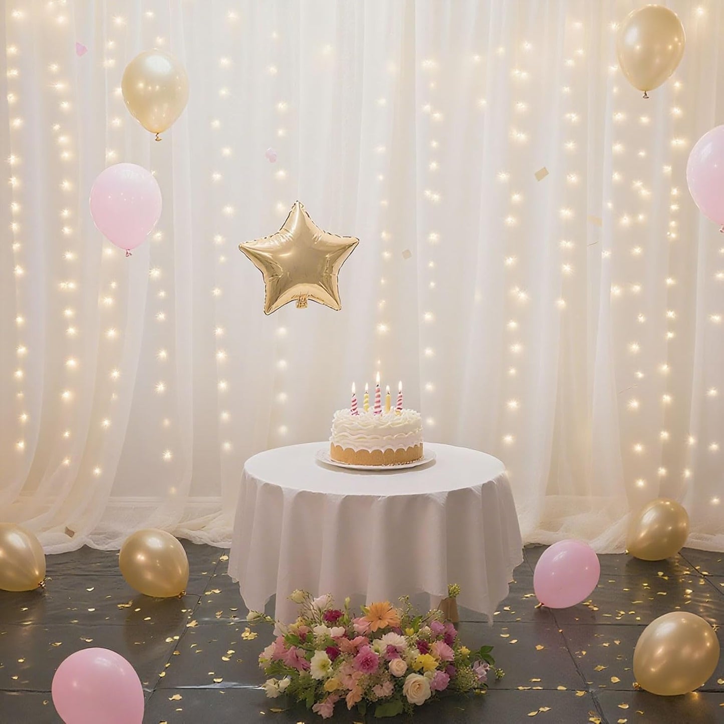 10×10ft Tulle Backdrop Curtains with Lights String - 300LED Fairy Lights Sheer Curtain Backdrop for Weddings Baby Shower and Birthday Party Decorations(4 Panels 5×10ft)