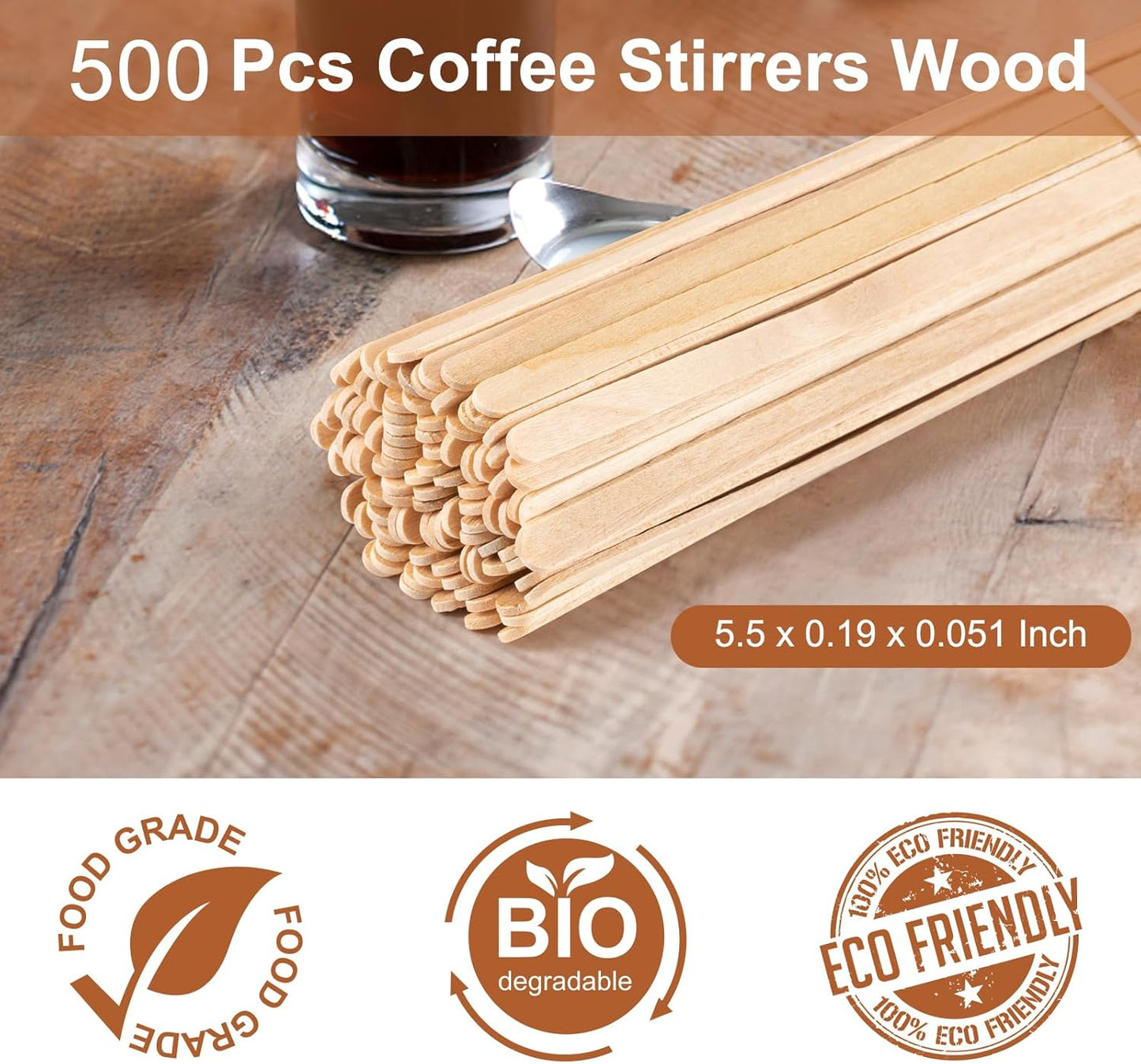 500 Pcs Coffee Stirrers 5.5 Inch Wood Coffee Stir Sticks Individually Wrapped Wooden Stir Sticks Disposable Wood Stir Sticks Eco-Friendly Wood Coffee Stir Sticks for Coffee, Cocktail (500 PCS)