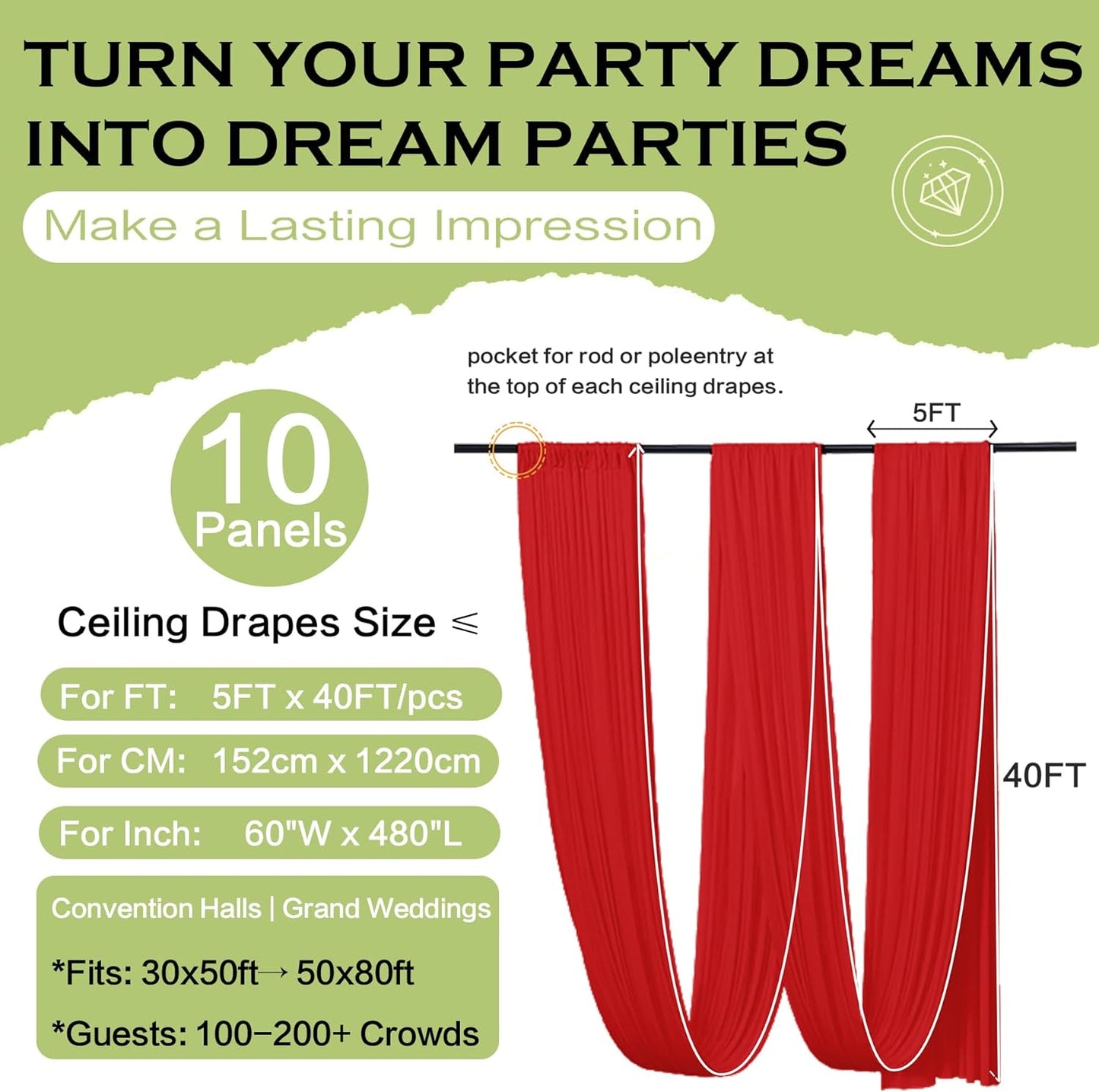 PartyVillage 50ftx40ft Red Ceiling Curtain for Wedding Parties – 10 Panels Wrinkle-Free 40 FT Long Tent Draping Curtains for Wedding, Birthday & Theme Parties, 40ft Height with Rod Pocket