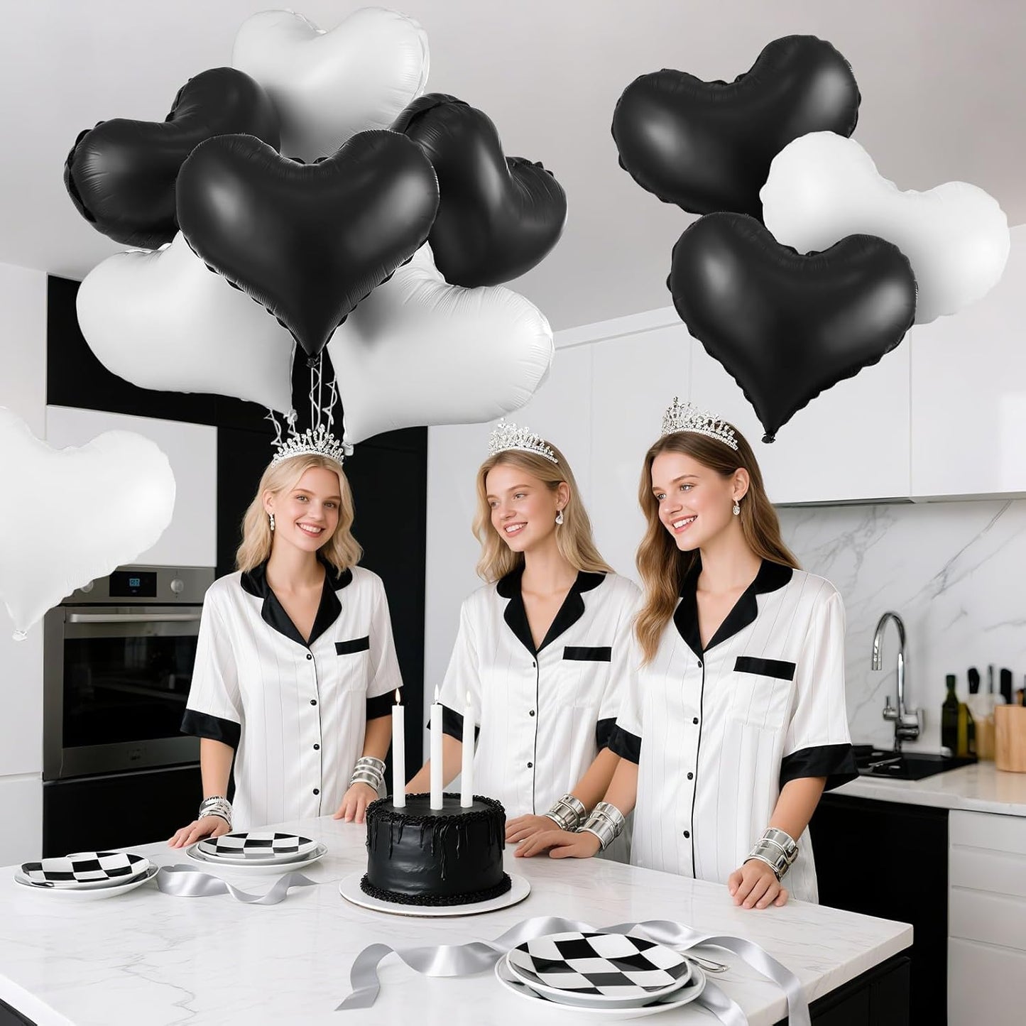 Black White Heart Balloons,24Inch Large Black Heart Foil Balloons for Valentine's Day Birthday Wedding Baby Shower Anniversary Party Decorations