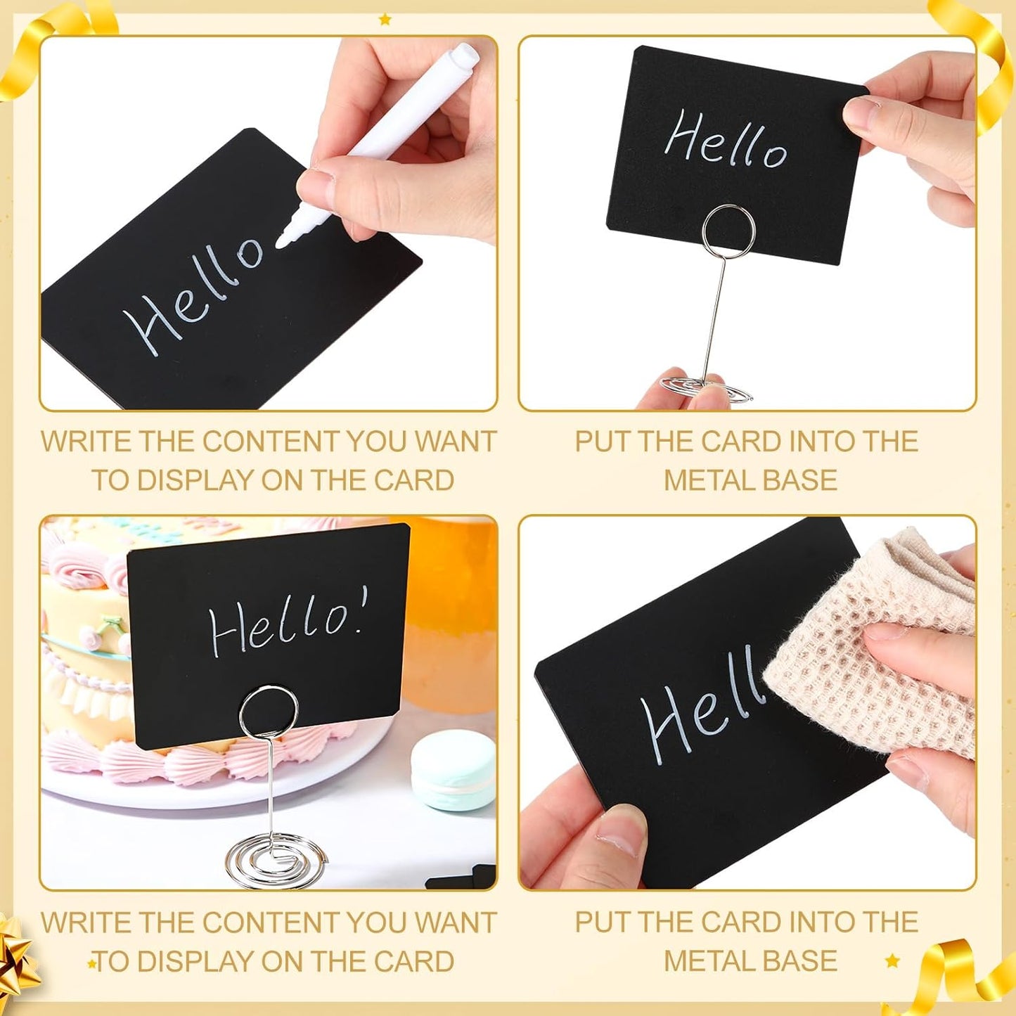 TecUnite 24 Pack Mini Chalkboard Signs, 4"x3" Small Table Place Cards with Metal Stand and 2 Marker Pens Food Labels for Party Buffet, Tabletop Blackboard Signs Name Tags for Wedding Bakery(Sliver)