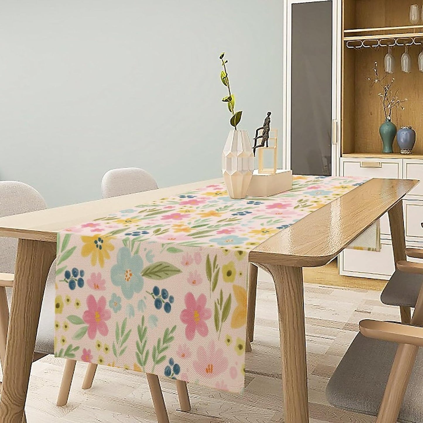 Floral Table Runner, Boho Style Watercolor Flower Green Leaf Plant Rectangle Table Decoration for Dining, Party, Holiday,13in(33cm) W * 108in(274cm) L