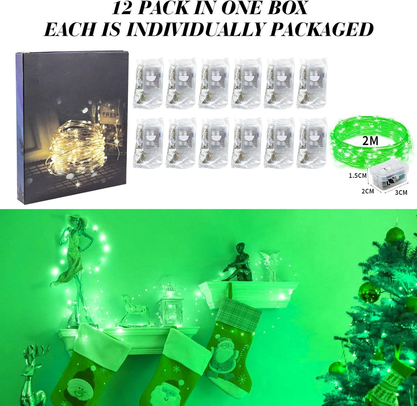 ZGWJ 12 Pack Fairy Lights Battery Operated, 7ft 20 Mini LED Fairy String Lights Silver Wire 3 Modes for DIY, Parties, Wedding, Bedroom, Halloween Christmas Decoration Green