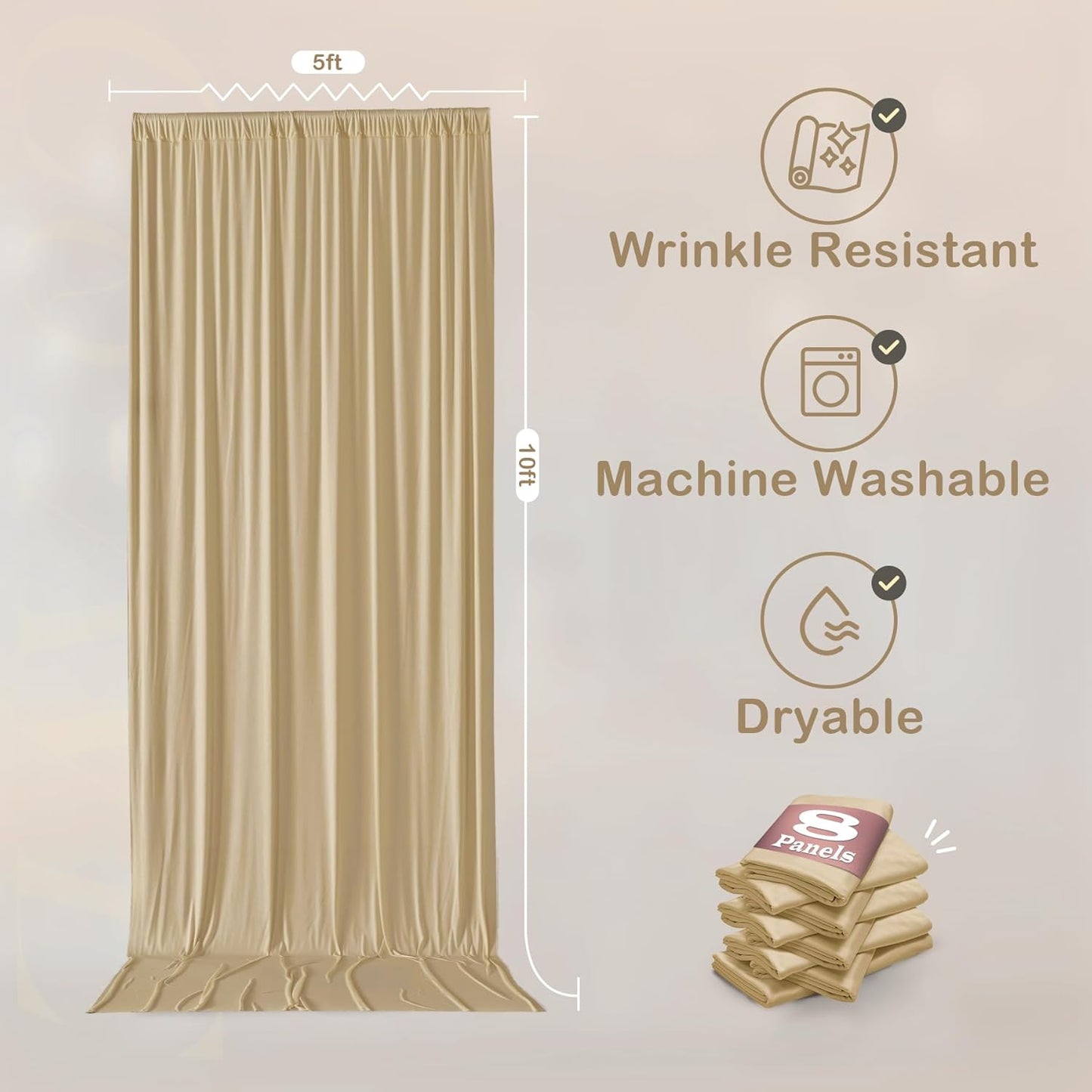 8 Panels Beige Backdrop Curtains for Party Background, Wrinkle Free Beige Photo Curtains Backdrop Drapes Back Drop Cloth for Wedding Birthday Photography Baby Shower Decor, 40ftx10ft