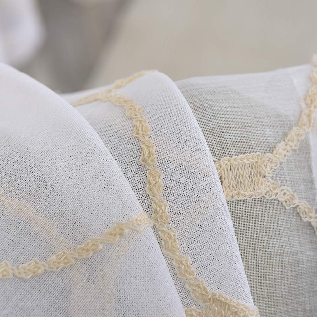 MYSTIC-HOME Embroidery Gold Sheer Curtains 84 Inches Long, Rod Pocket Sheer Drapes for Living Room, Bedroom, 2 Panels, 52"x84", Semi Crinkle Voile Window Treatments for Yard, Patio, Villa, Parlor.