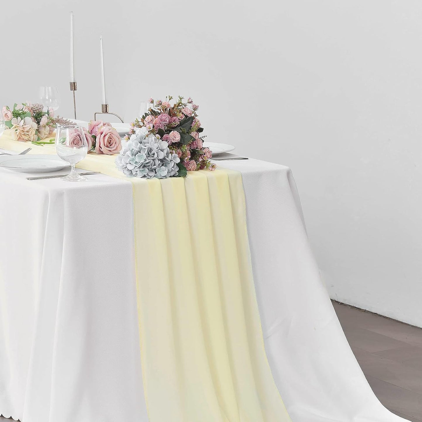 5 Pack 10Ft Light Yellow Chiffon Table Runner Sheer 29x120 Inch for Romantic Wedding Decor Bridal & Baby Shower Birthday Rustic Party Decoration