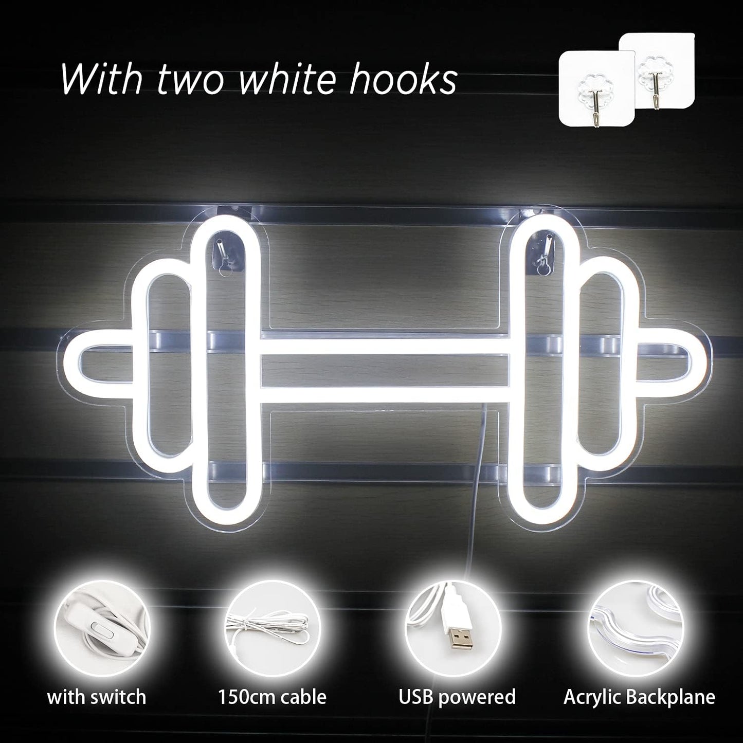 Lucunstar Gym Neon Sign,Barbell Dumbbell Shaped Neon signs White Neon Lights Sign Gym Wall Stickers for Fitness Club Decor LED Neon Sign for Teen Girls Teen Sports Room Game Room Decor