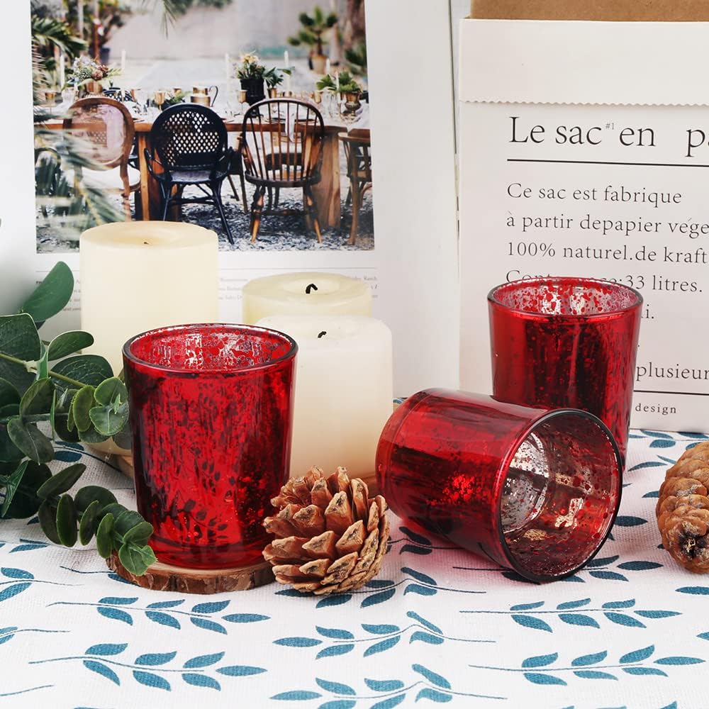 Red Mercury Glass Tea Light Holders Set of 36 - Elegant Votive Candle Holders for Weddings, Showers and Home Decor - Perfect for Table Centerpieces and Parties (Glass, Red)