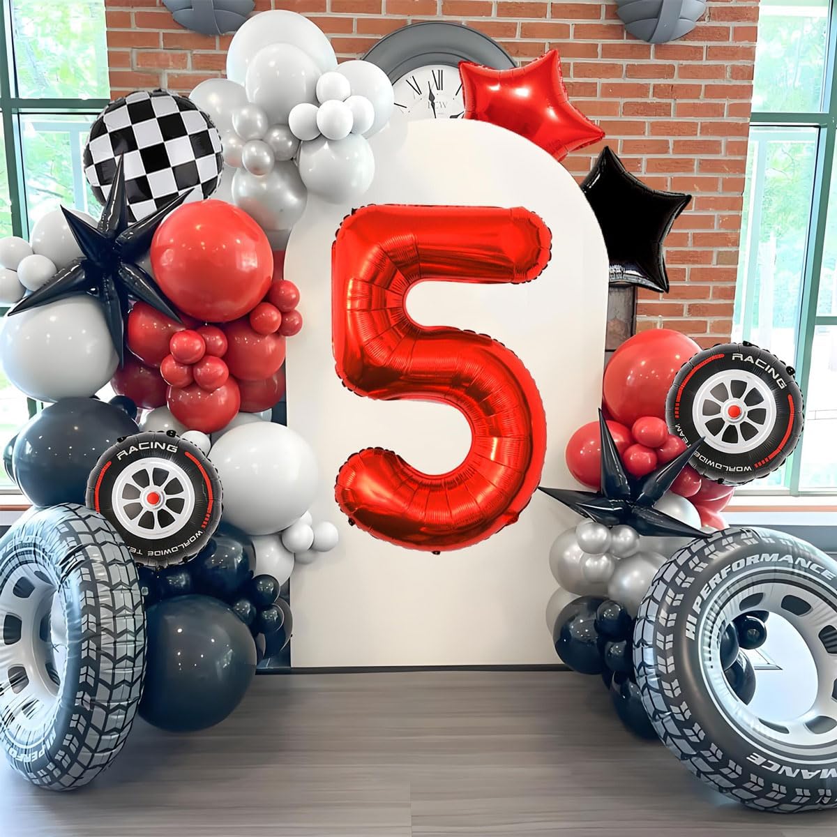Race Car Birthday Party Decorations - 40 Inch Mylar Red Number 5 Balloons - Black Foil Checkered Race Car Balloons for 5st Birthday Race Cars Themed Party Decorations