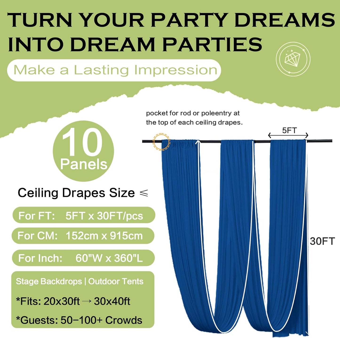 PartyVillage 10 Panels 5ftx30ft Royal Blue Ceiling Drapes for Wedding Parties â 30 FT Extra Long Thick Polyester Wrinkle-Free Drapery Tent Decor Decorations for Birthday Party Ceremony Stage Swag