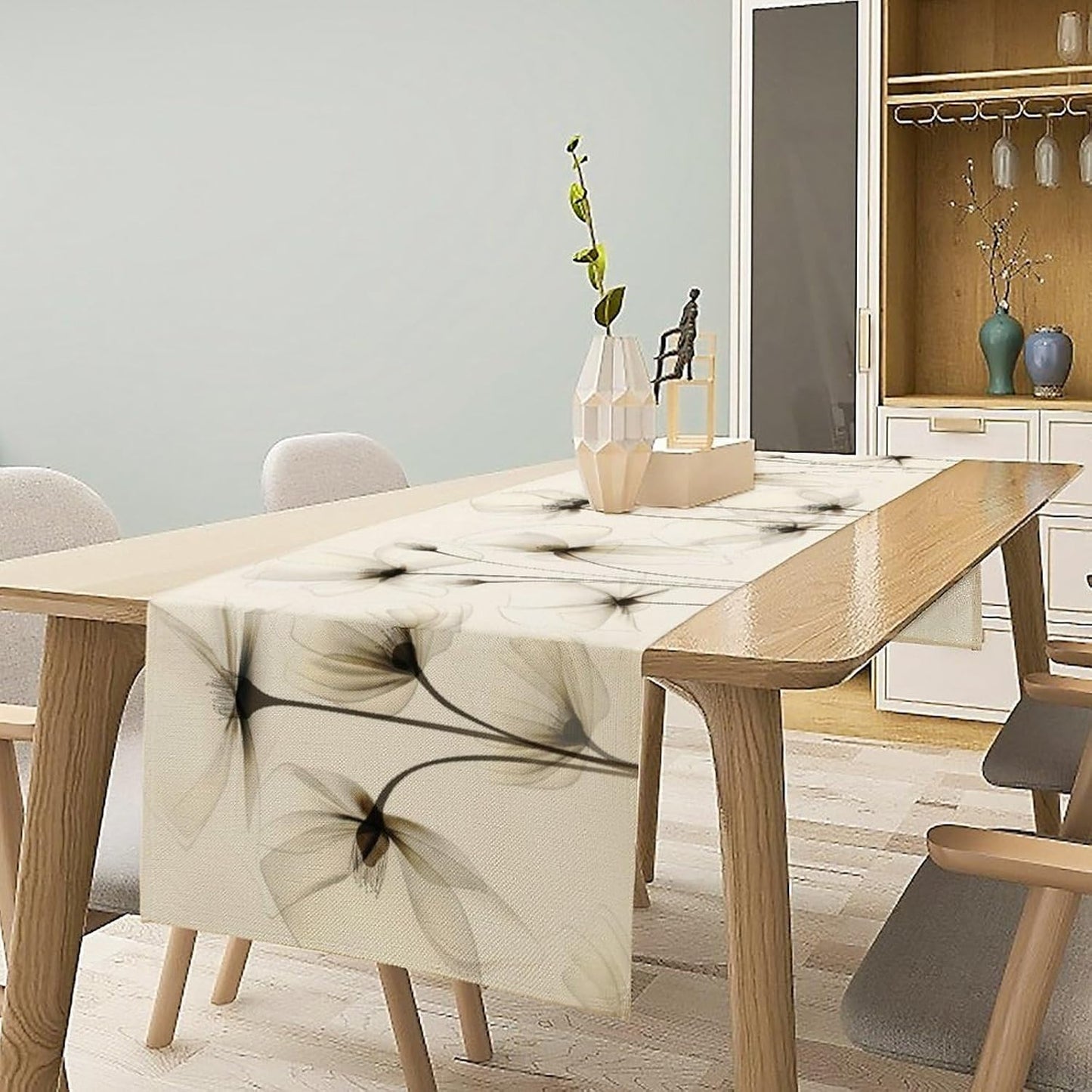 Abstract Floral Table Runner, Watercolor Transparent Beige Poppy Flowers Print Kitchen Dinning Table Runner for Indoor Outdoor Home Wedding Party Holiday, 13x36 Inch