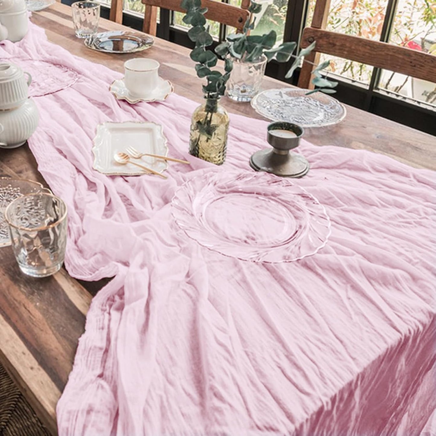 12 Pack Cheesecloth Table Runner 10Ft Christmas Gauze Boho Table Runners for Wedding Decor Bridal Shower Decorations Baby Shower Party(35" x 120")(Blushing Pink)