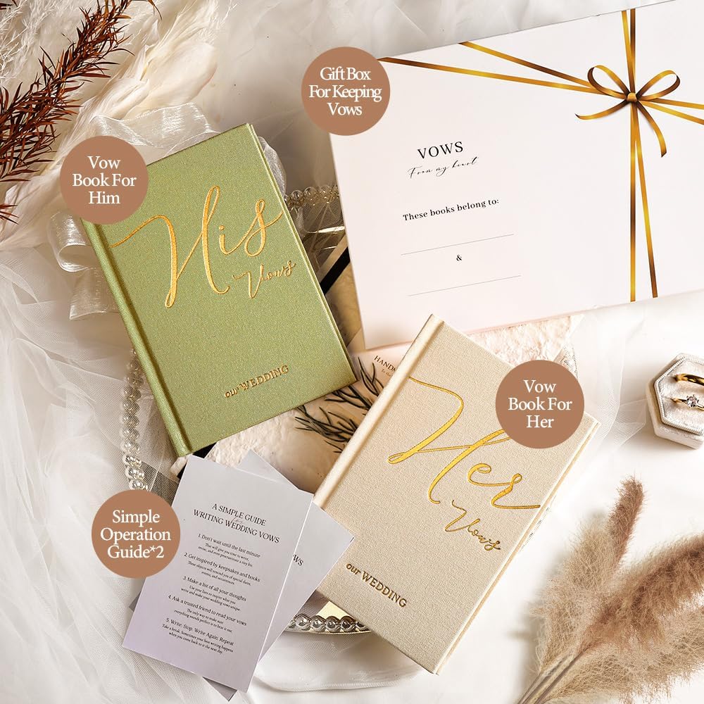 Vow Books His and Hers 2 Pack - 6 x 4 Inch Linen Hardcover Wedding Vow Books with Gold Foil Lettering & Bookmark, Wedding Ceremony Keepsake for Bride and Groom-His and Her Engagement Gift, 48 Pages