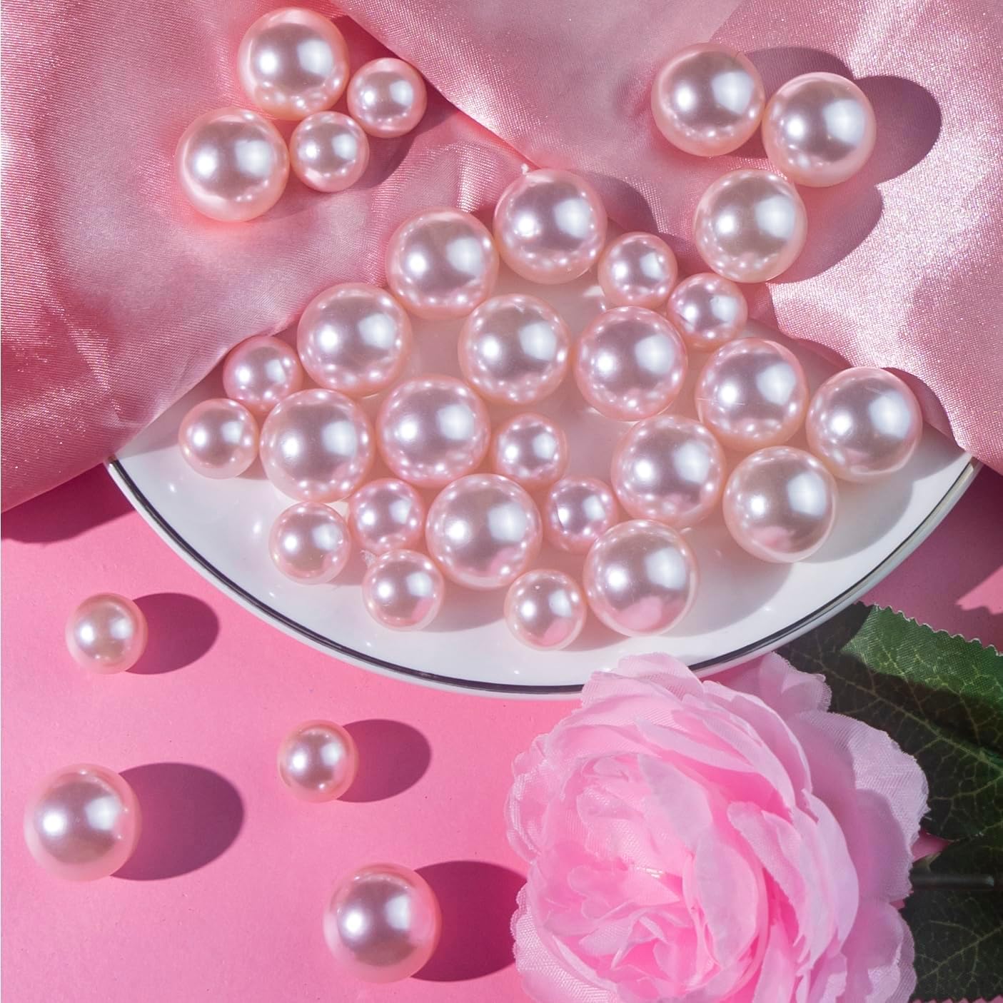 180PCS Pink Beads for Centerpieces Vases, No Hole Polished Pearl Makeup Beads Mixed 8/14/20mm Sizes, Pearl Vase Fillers Table Scatters for Party Wedding Decor