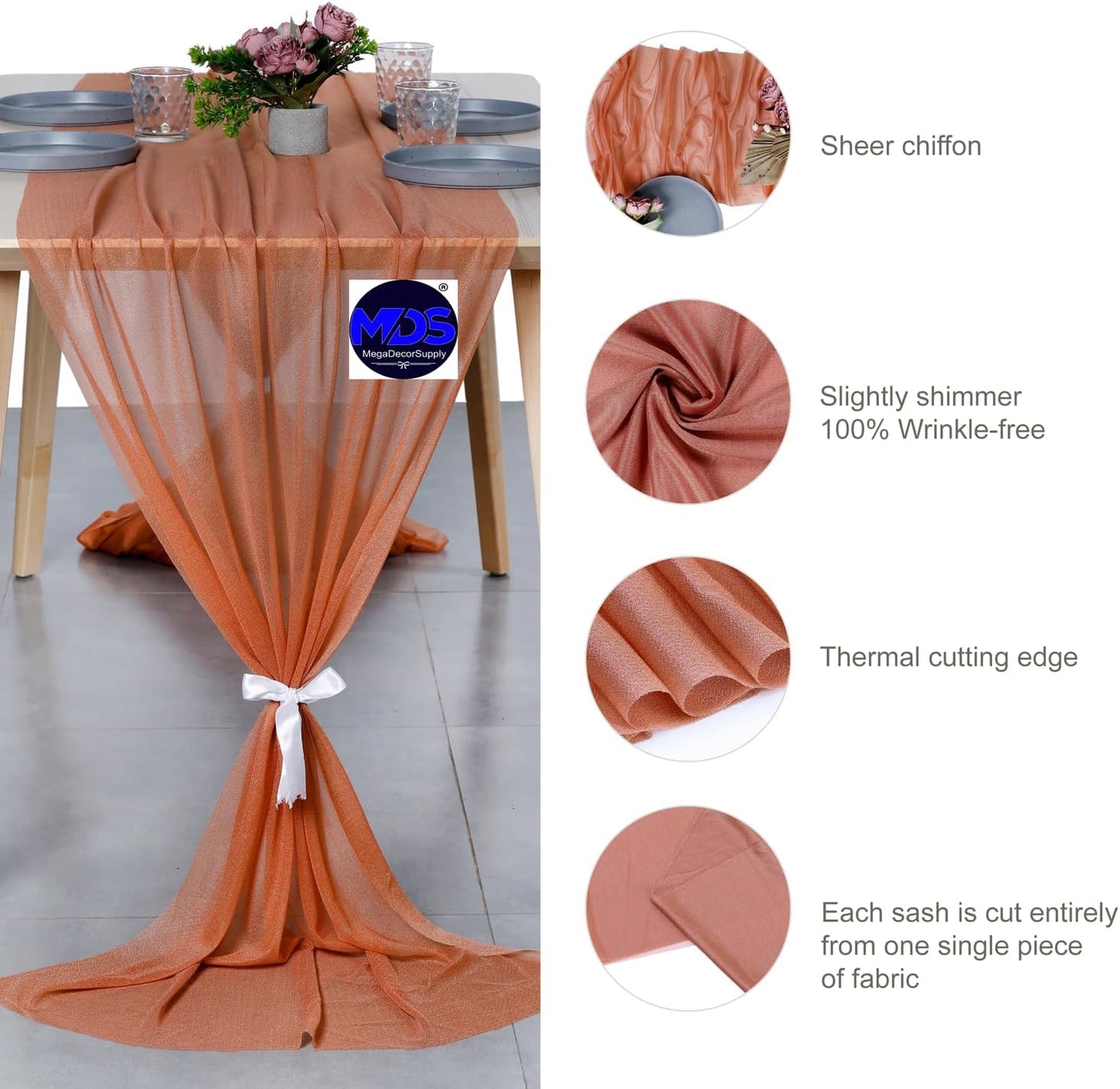 MDS 20 Pack 10ft Chiffon Table Runner 29 x 120 Inches Sheer Wedding Runner Romantic Rustic Table Runner for Wedding Decorations, Birthday Parties, Bridal Shower Party Arch Decor - Coral Peach