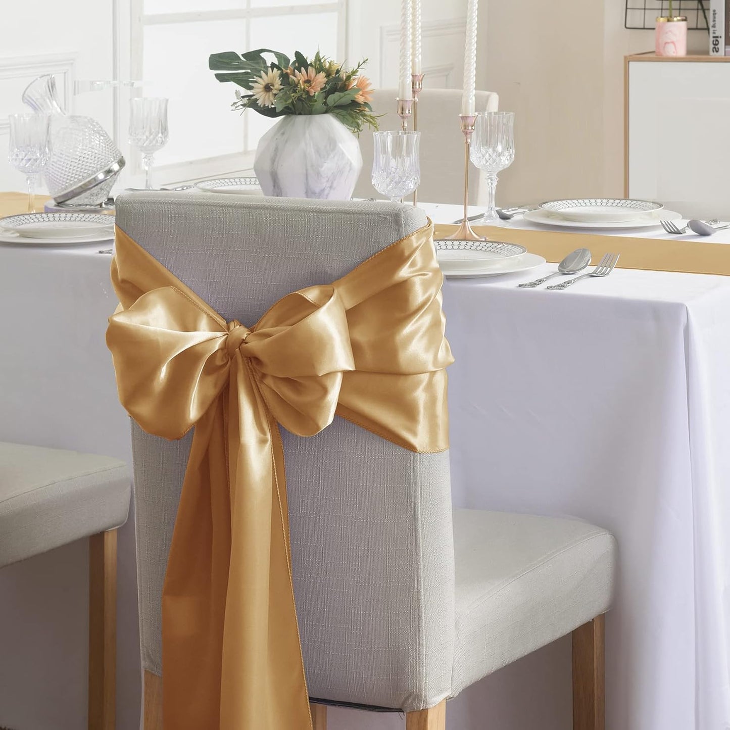 24Pack Table Runner 12 x 108 Inches Satin Silk Table Runner for Wedding, Birthday Party, Banquets, Graduations Decoration, fit Rectange and Round Table-Champagne