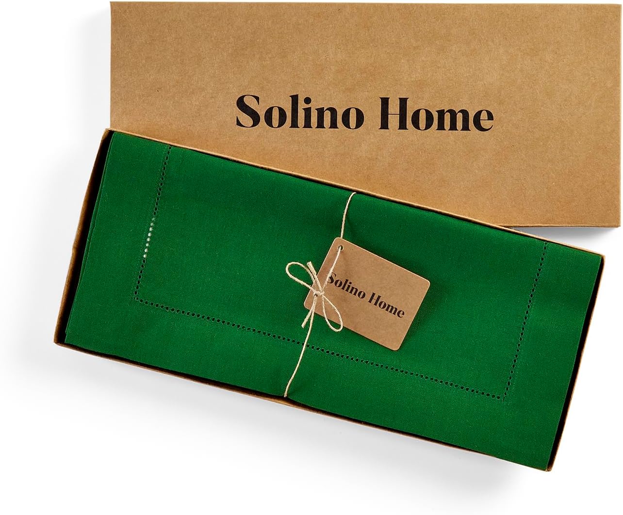 Solino Home Linen Table Runner 60 Inches - 100% Pure Linen Garden Green Hemstitch Table Runner 14 x 60 Inch Ideal for Dresser and Coffee Tables - Classic Hemstitch - Christmas