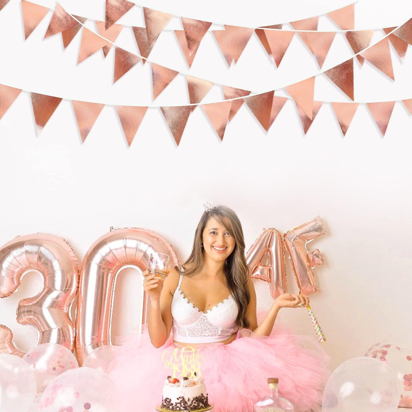 Rose Gold Party Decorations Metallic Fabric Triangle Pennant Banner Blush Pink Flag Bunting Garland for Wedding Birthday Anniversary Bridal Shower Engagement Graduation Hen Party Decorations Supplies