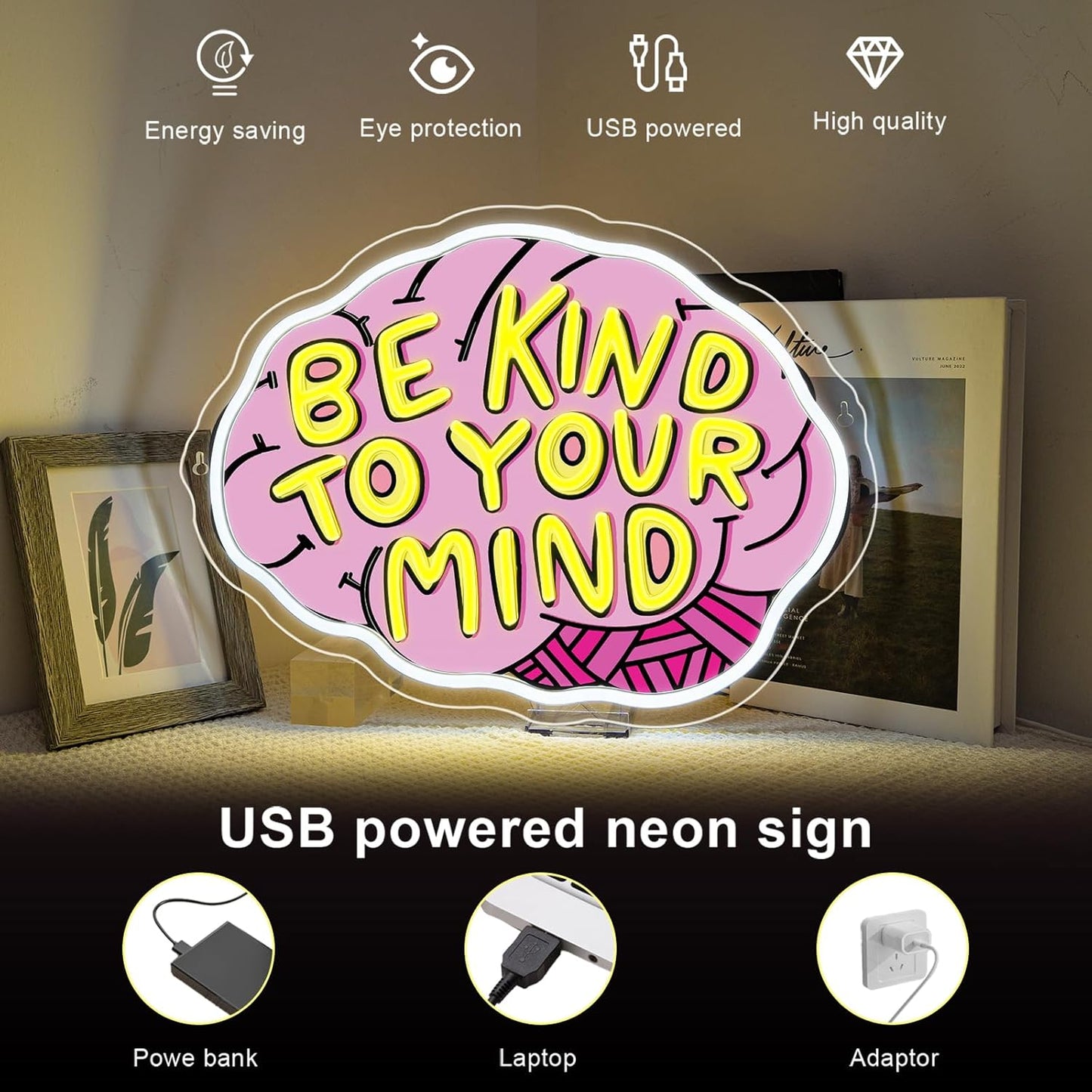 Lucunstar Be Kind To Your Mind Neon Sign Brain Neon Signs Dimmable Led For Wall Decor Be kind Lights For Classroom Home Bedroom Office USB Powered 16.06x12.09in