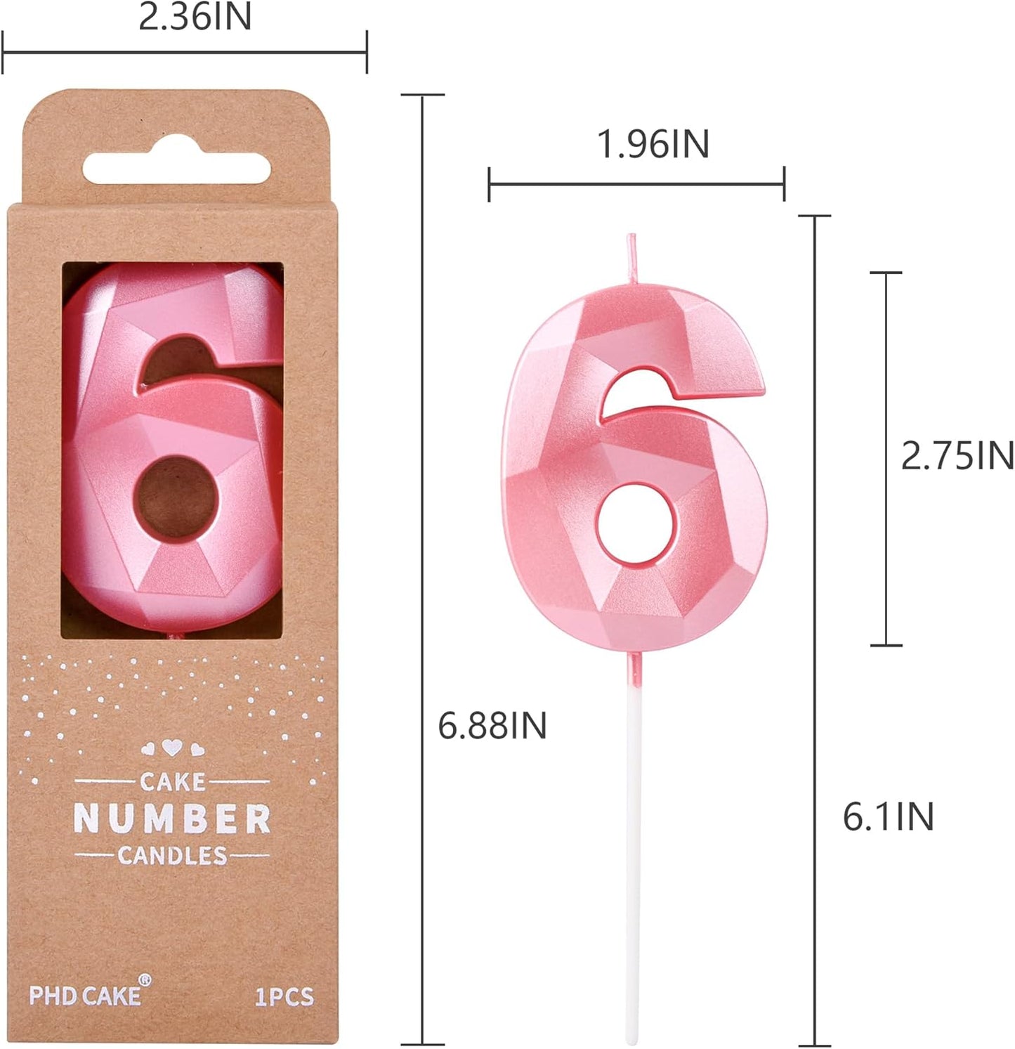 PHD CAKE 2.76 Inch Crystal Pink 6 Number Birthday Candles, Pink Number Candles, Cake Number Candles, Party Celebration